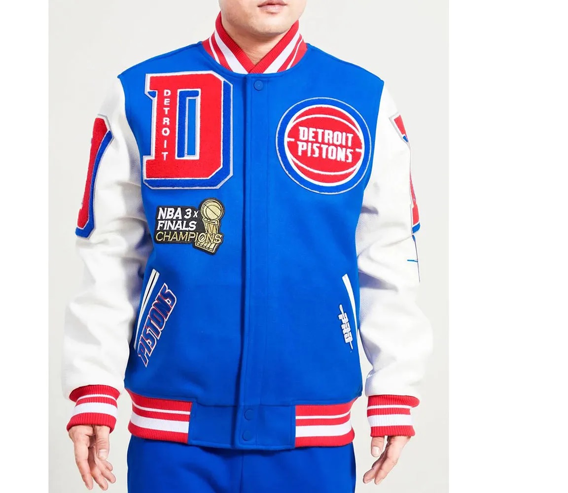 Detroit Pistons Mashup Varsity Royal and White Jacket This jacket showcases a harmonious fusion of premium quality, embroidered detailing, bold style