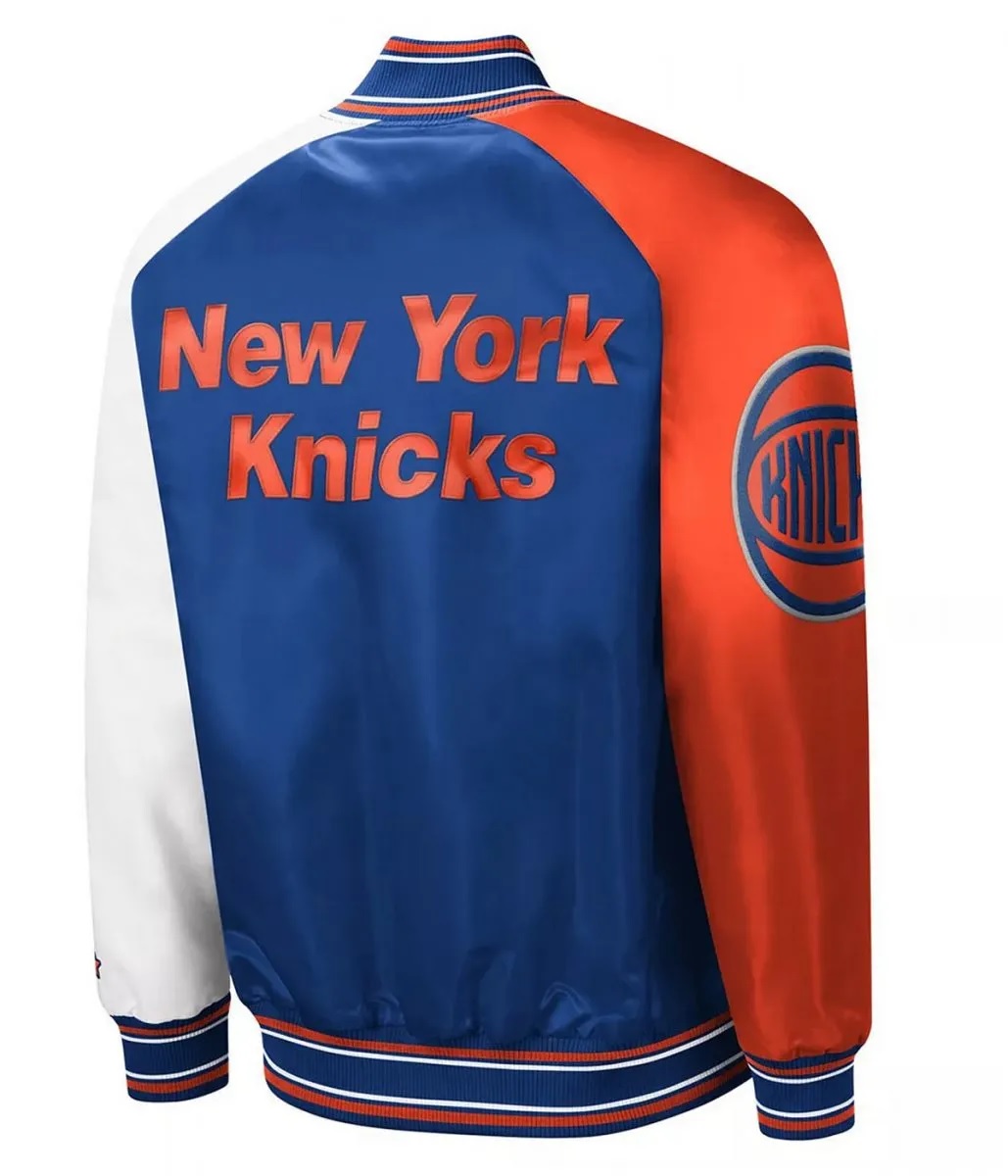 NY Knicks Reliever Raglan Royal Blue and Orange Satin Jacket