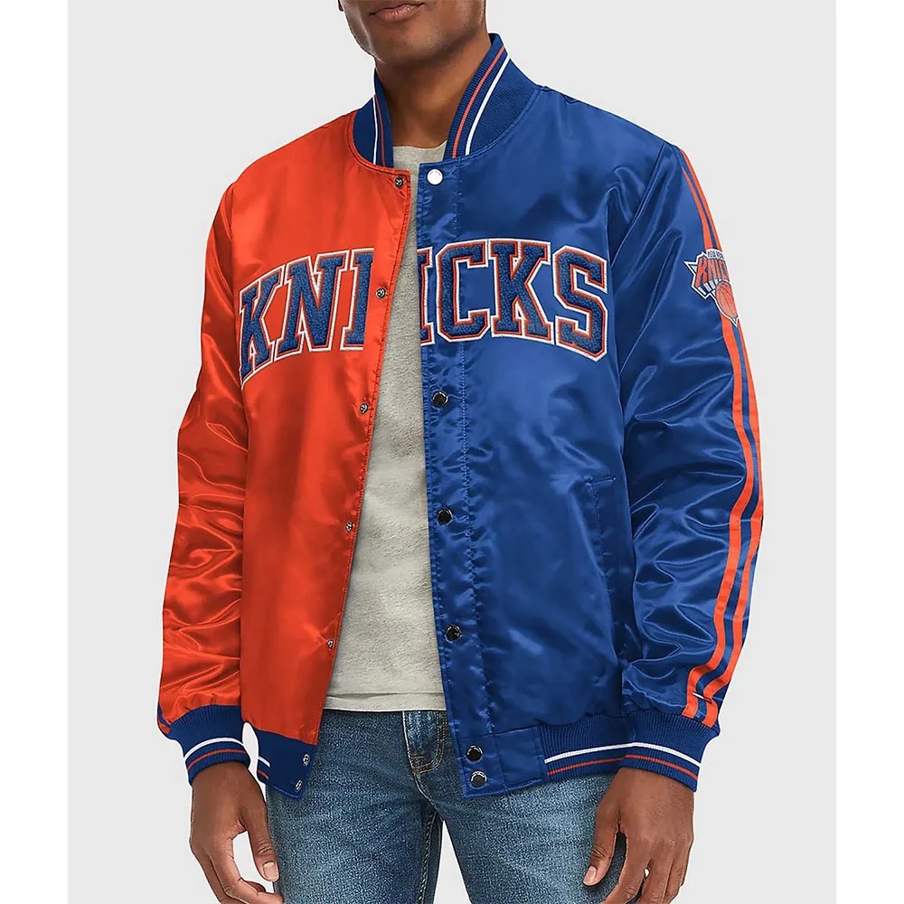 NY Knicks Varsity Satin Orange and Blue Jacket