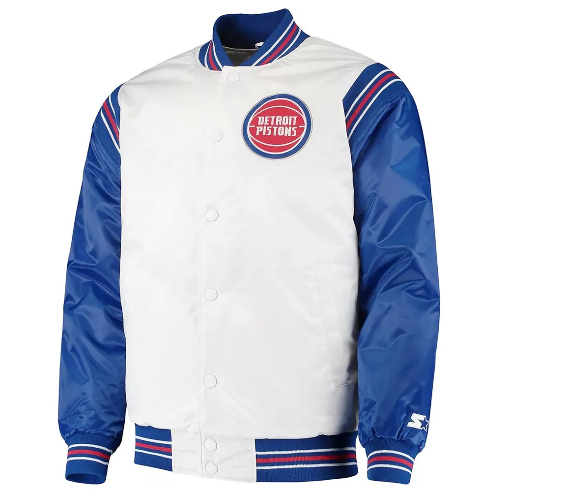 White/Blue Detroit Pistons Renegade Varsity Satin Jacket