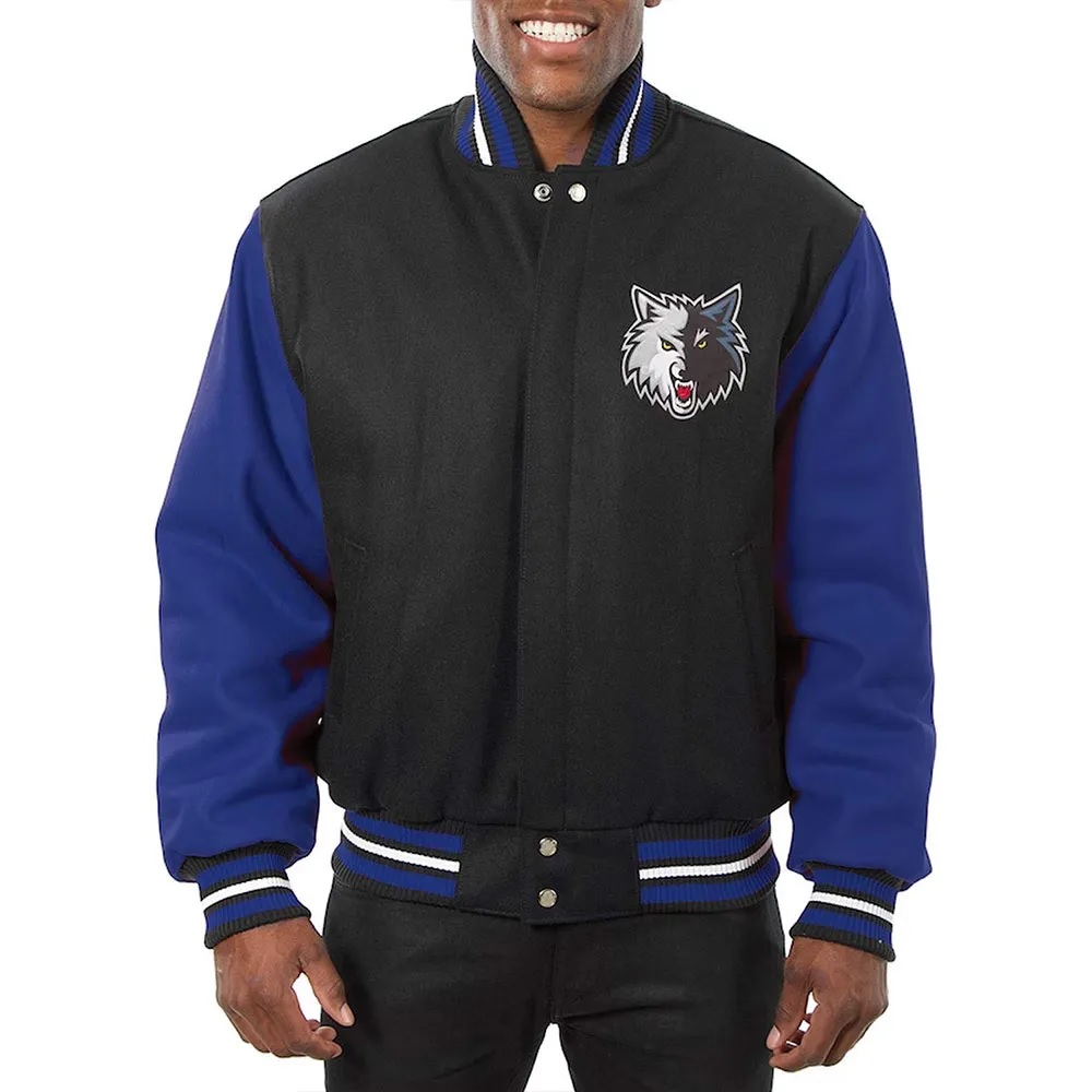 innesota Timberwolves Domestic Varsity Black and Royal Varsity Jacket