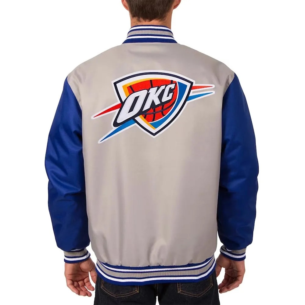 Oklahoma City Thunder Gray/Royal Poly Twill Varsity Full-Snap Jacket.