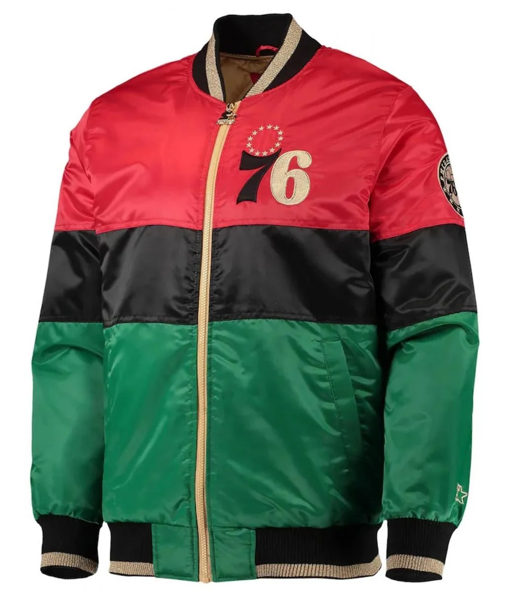 Philadelphia 76ers Red/Black/Green Satin Full-Zip Jacket