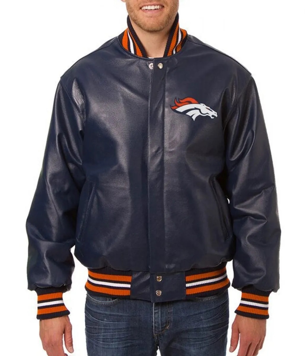 Varsity Denver Broncos Navy Blue Leather Jacket