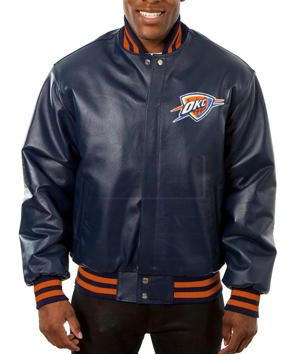 Varsity Oklahoma City Thunder Navy Blue Leather Jacket