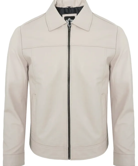 Men's Beige Real Lambskin Leather Motorcycle Jacket with Turn-Down Collar