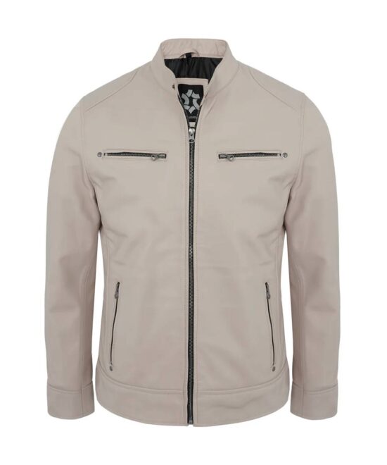 Beige Men’s Real Lambskin Cafe Racer Biker Leather Jacket