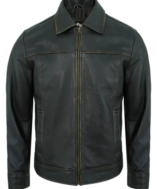Men's Black Rub-Off Lambskin Leather Motorcycle Jacket with Turn-Down Collar