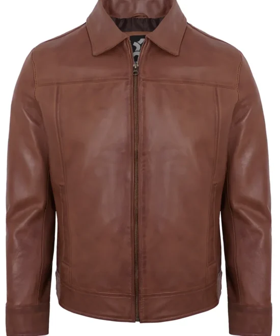 Men's Brown Real Lambskin Leather Motorcycle Jacket with Turn-Down Collar