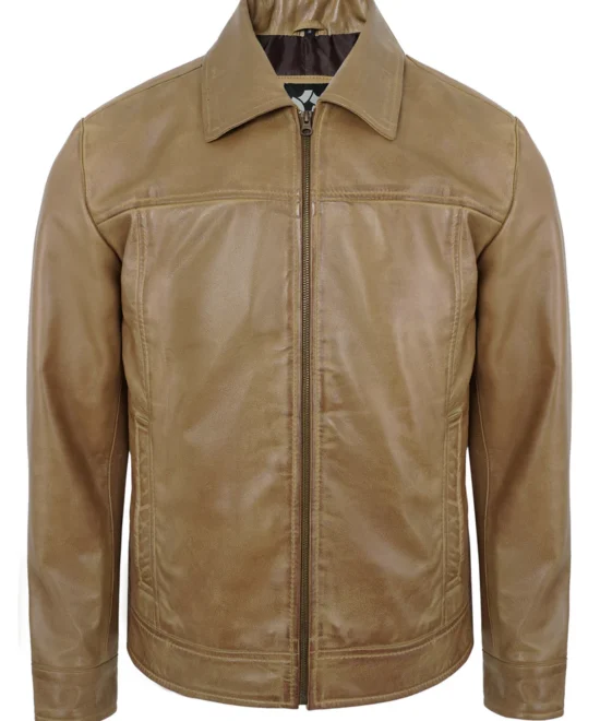 Men's Camel Real Lambskin Leather Motorcycle Jacket with Turn-Down Collar