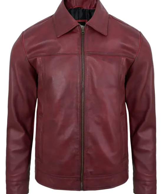 Men's Maroon Real Lambskin Leather Motorcycle Jacket with Turn-Down Collar