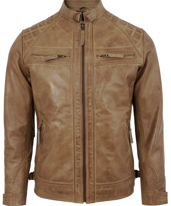 Men's Camel Leather Biker Jacket with Quilted Shoulders