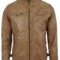 Men's Camel Leather Biker Jacket with Quilted Shoulders