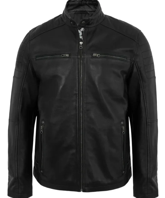 Men's Distressed Black Leather Biker Jacket with Quilted Shoulders