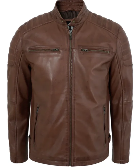 Men's Distressed Brown Leather Biker Jacket with Quilted Shoulders