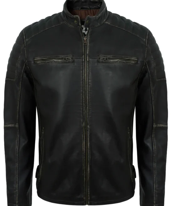 Men's Distressed Rub-Off Leather Biker Jacket with Quilted Shoulders