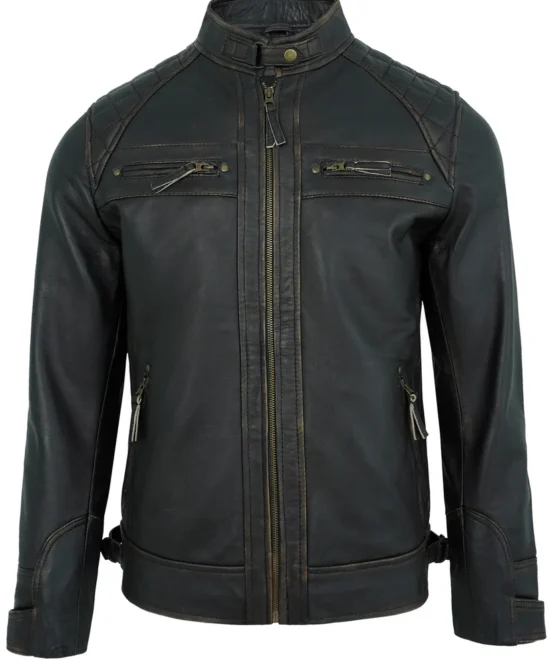 Men's Rub-Off Leather Biker Jacket with Quilted Shoulders