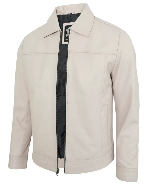 Men's Beige Real Lambskin Leather Motorcycle Jacket with Turn-Down Collar