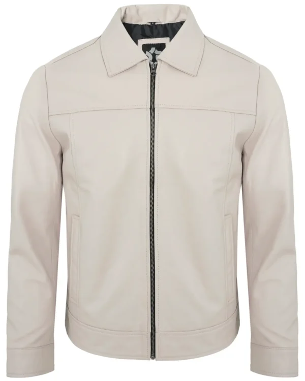 Men's Beige Real Lambskin Leather Motorcycle Jacket with Turn-Down Collar