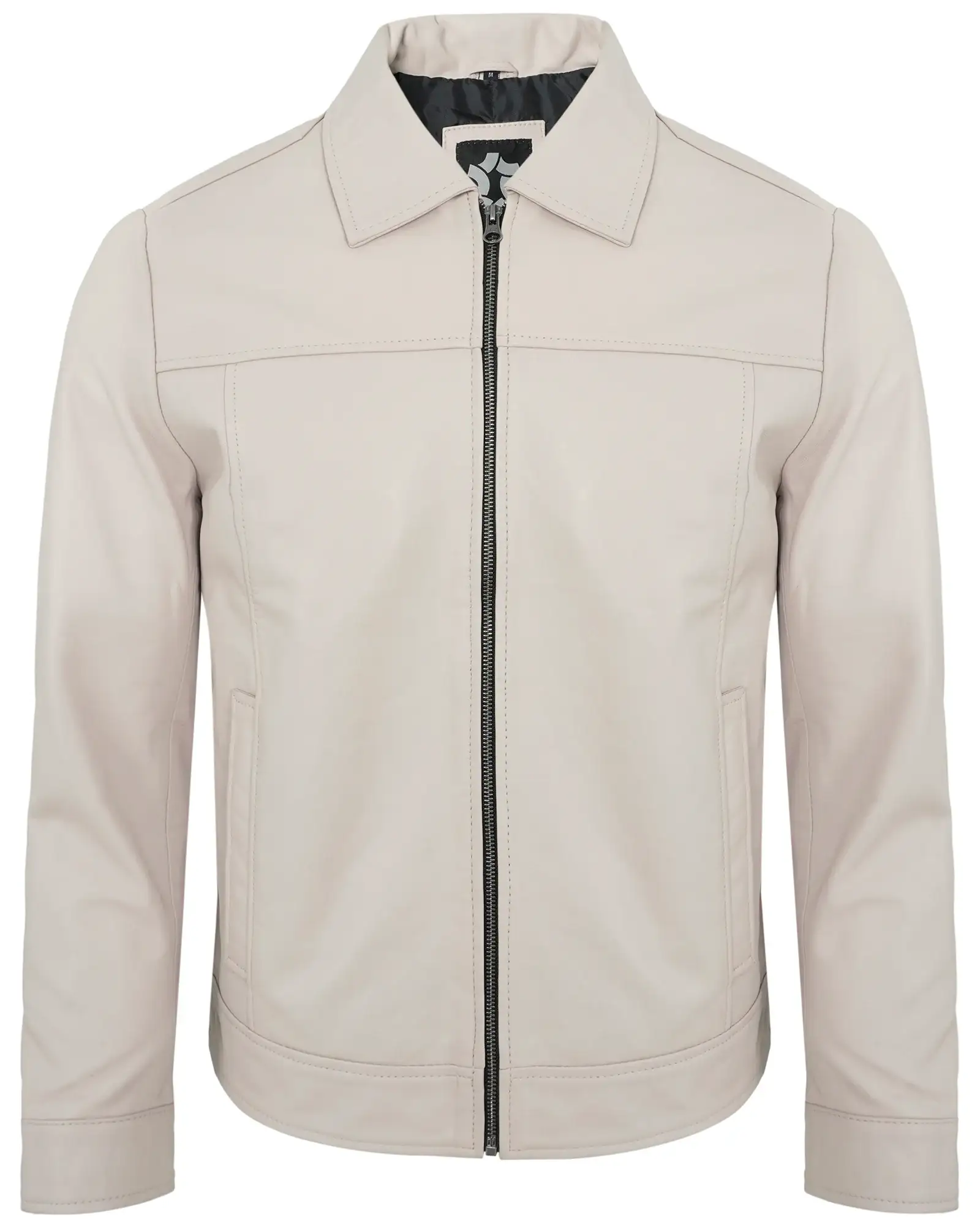 Men's Beige Real Lambskin Leather Motorcycle Jacket with Turn-Down Collar