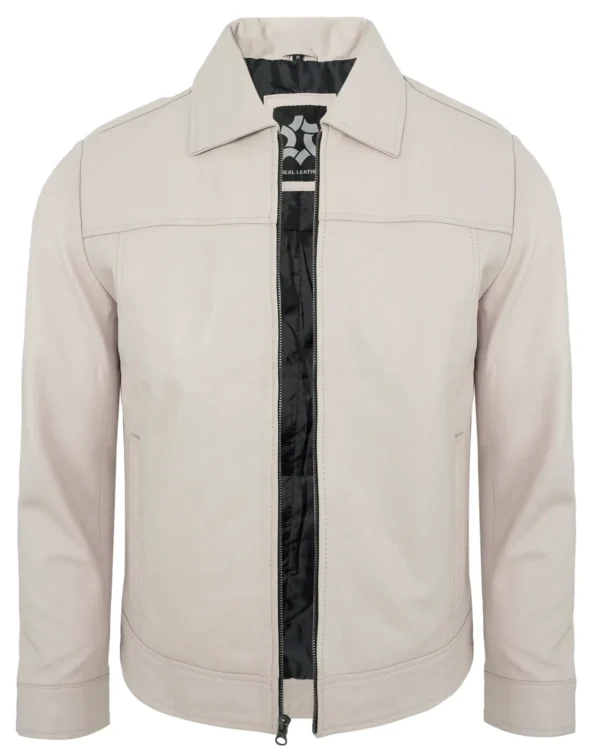 Men's Beige Real Lambskin Leather Motorcycle Jacket with Turn-Down Collar