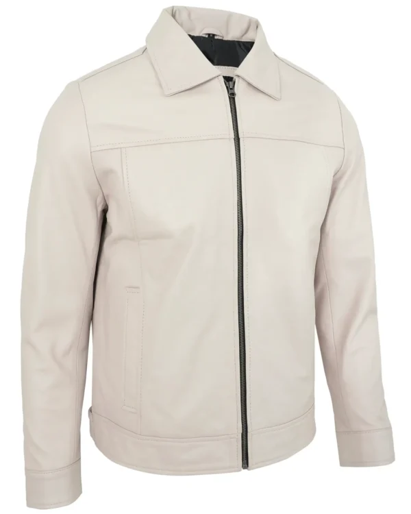 Men's Beige Real Lambskin Leather Motorcycle Jacket with Turn-Down Collar