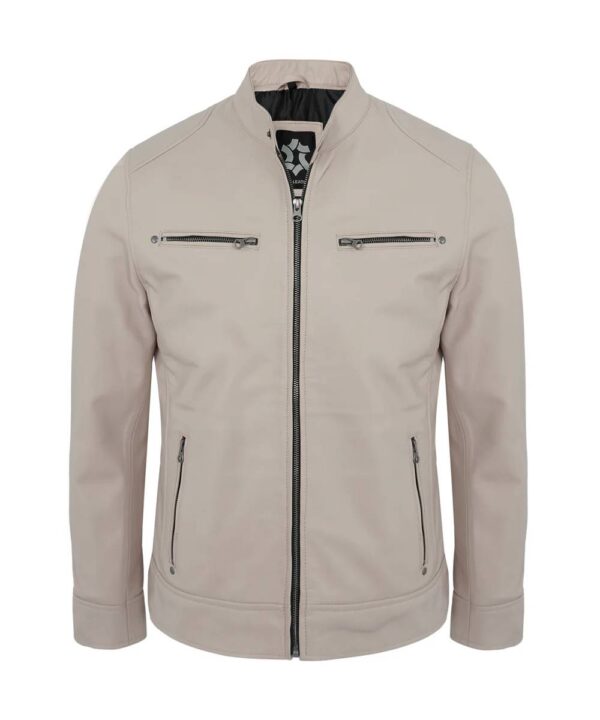 Beige Men’s Real Lambskin Cafe Racer Biker Leather Jacket