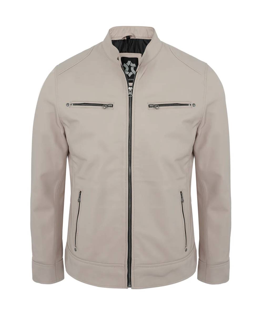 Beige Men’s Real Lambskin Cafe Racer Biker Leather Jacket