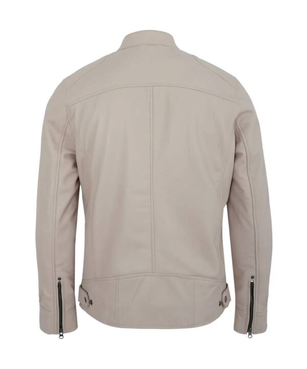 Beige Men’s Real Lambskin Cafe Racer Biker Leather Jacket