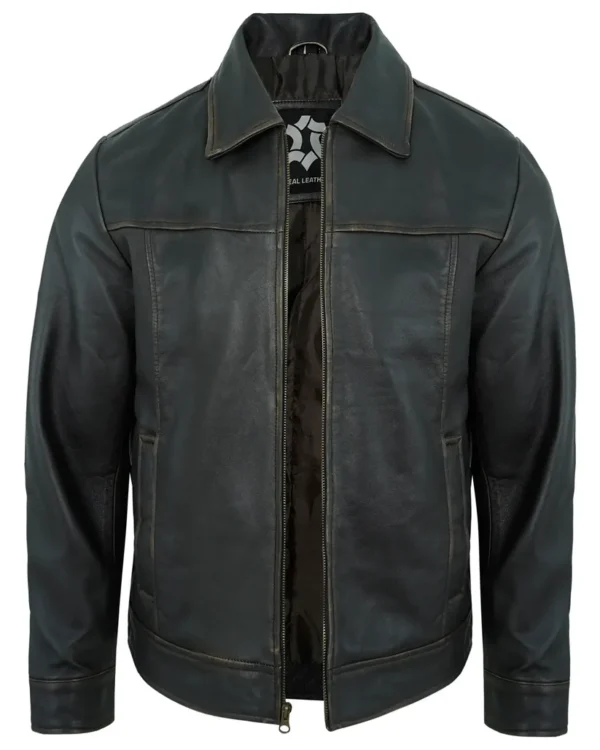 Men's Black Rub-Off Lambskin Leather Motorcycle Jacket with Turn-Down Collar