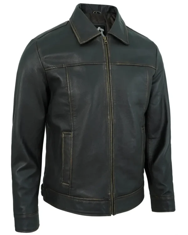 Men's Black Rub-Off Lambskin Leather Motorcycle Jacket with Turn-Down Collar