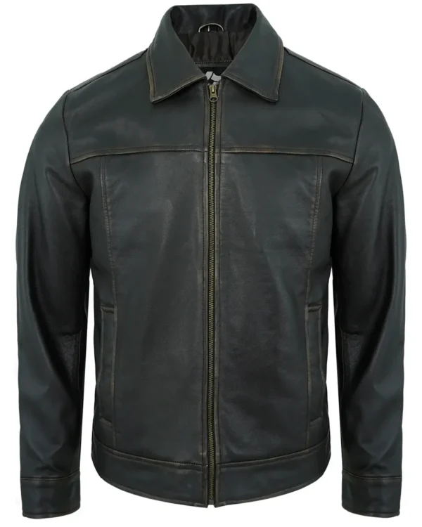 Men's Black Rub-Off Lambskin Leather Motorcycle Jacket with Turn-Down Collar