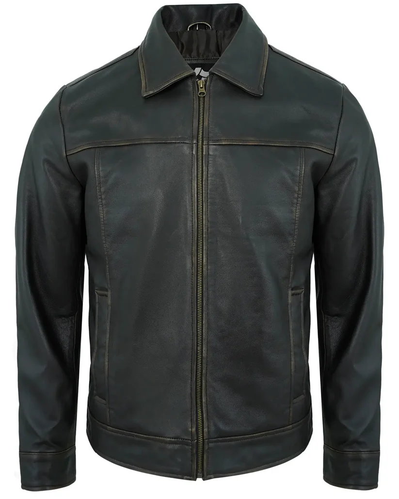 Men's Black Rub-Off Lambskin Leather Motorcycle Jacket with Turn-Down Collar