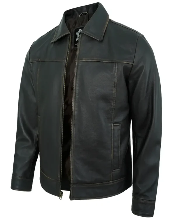 Men's Black Rub-Off Lambskin Leather Motorcycle Jacket with Turn-Down Collar