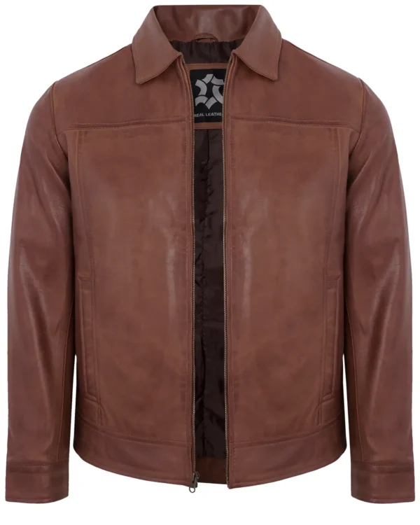 Men's Brown Real Lambskin Leather Motorcycle Jacket with Turn-Down Collar