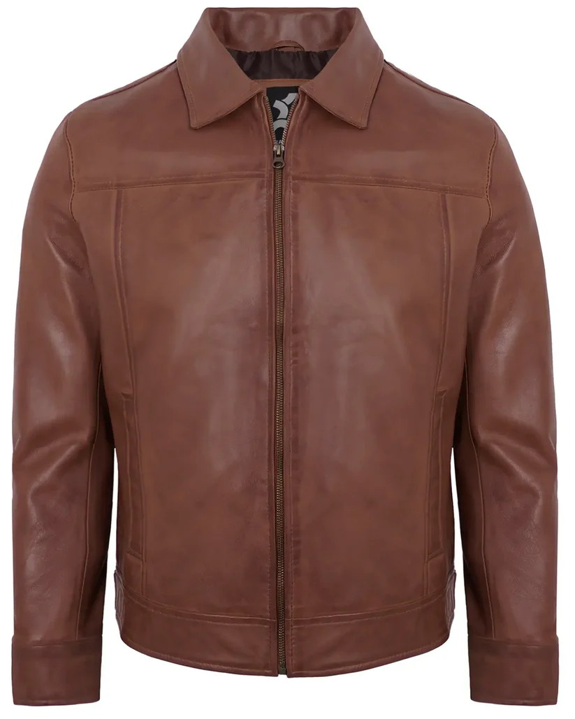 Men's Brown Real Lambskin Leather Motorcycle Jacket with Turn-Down Collar