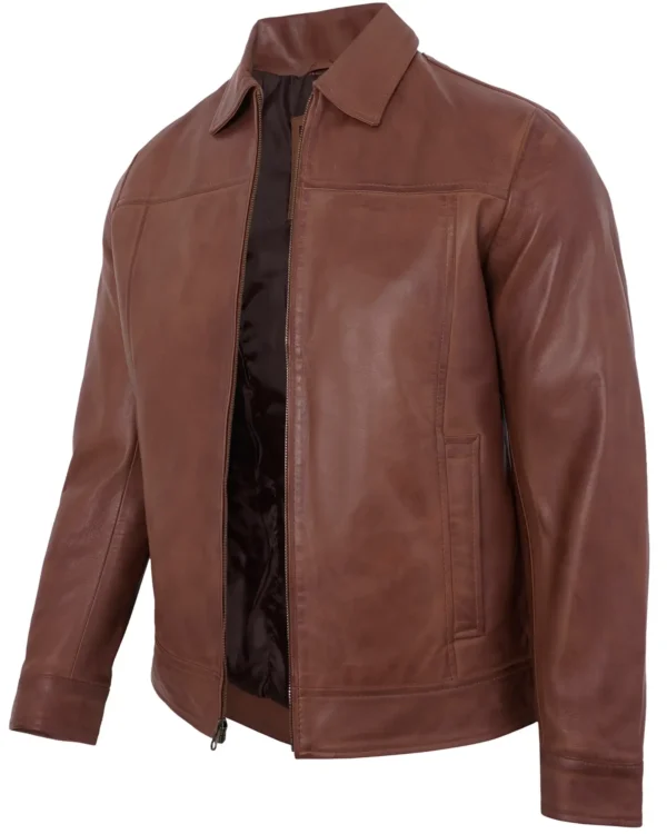 Men's Brown Real Lambskin Leather Motorcycle Jacket with Turn-Down Collar
