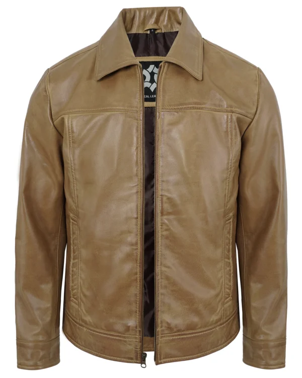 Men's Camel Real Lambskin Leather Motorcycle Jacket with Turn-Down Collar