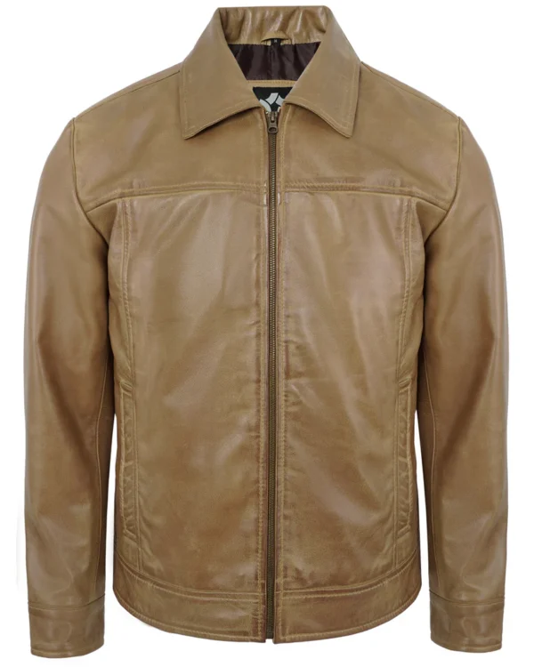 Men's Camel Real Lambskin Leather Motorcycle Jacket with Turn-Down Collar