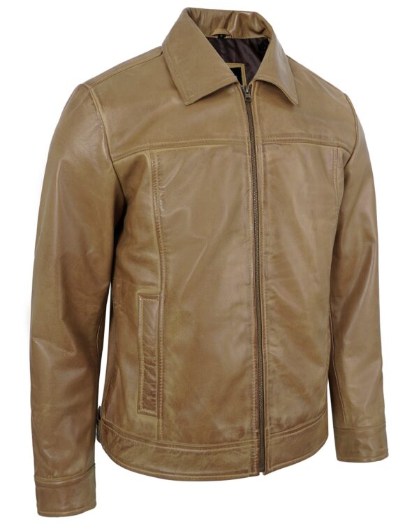 Men's Camel Real Lambskin Leather Motorcycle Jacket with Turn-Down Collar