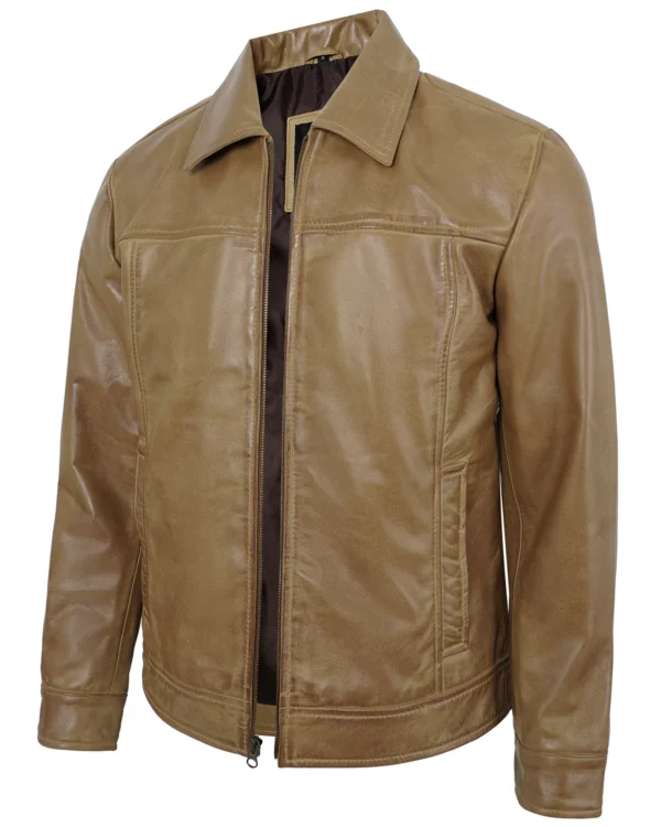 Men's Camel Real Lambskin Leather Motorcycle Jacket with Turn-Down Collar