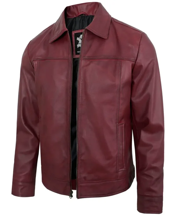 Men's Maroon Real Lambskin Leather Motorcycle Jacket with Turn-Down Collar