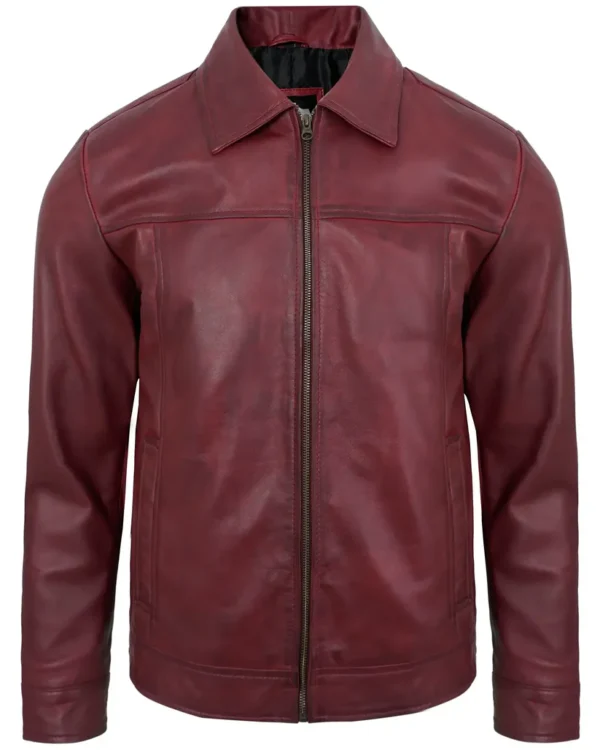 Men's Maroon Real Lambskin Leather Motorcycle Jacket with Turn-Down Collar