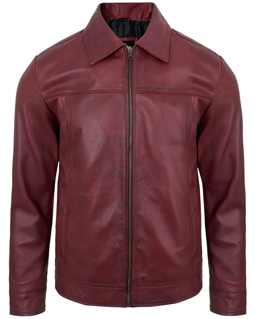 Men's Maroon Real Lambskin Leather Motorcycle Jacket with Turn-Down Collar