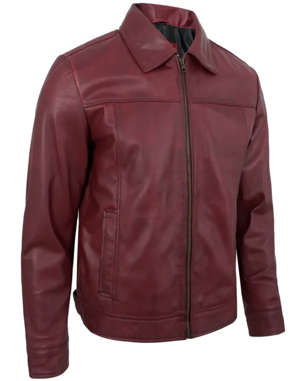 Men's Maroon Real Lambskin Leather Motorcycle Jacket with Turn-Down Collar