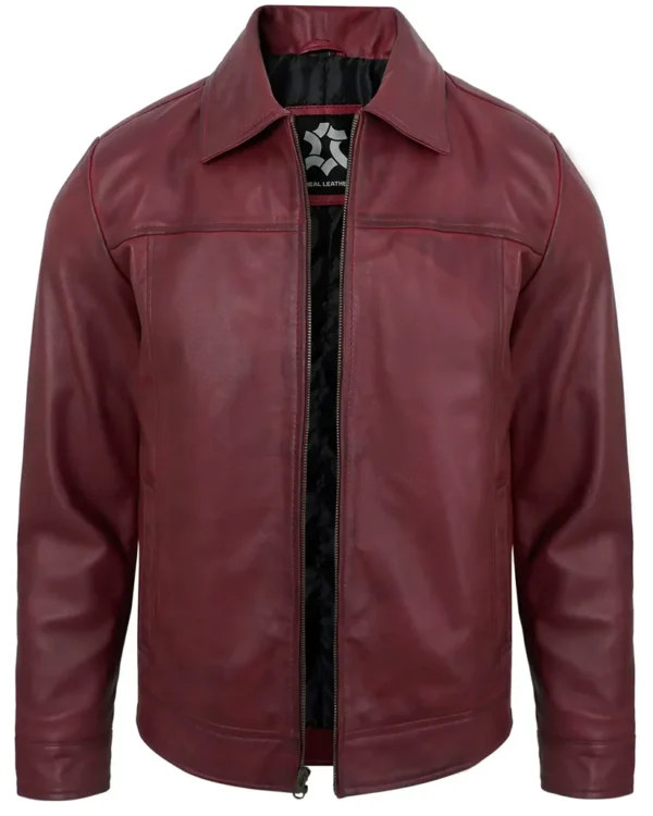 Men's Maroon Real Lambskin Leather Motorcycle Jacket with Turn-Down Collar