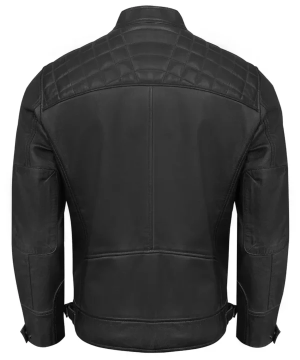 Men's Black Leather Biker Jacket with Quilted Shoulders.