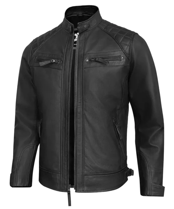 Men's Black Leather Biker Jacket with Quilted Shoulders.
