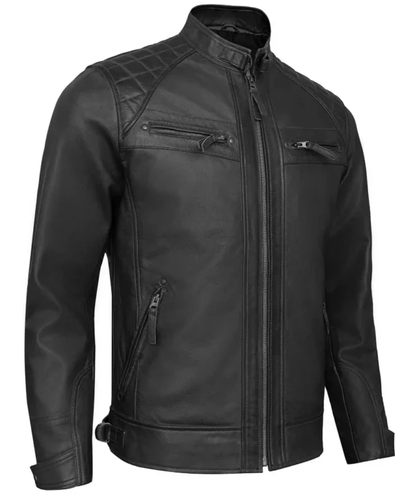 Men's Black Leather Biker Jacket with Quilted Shoulders.