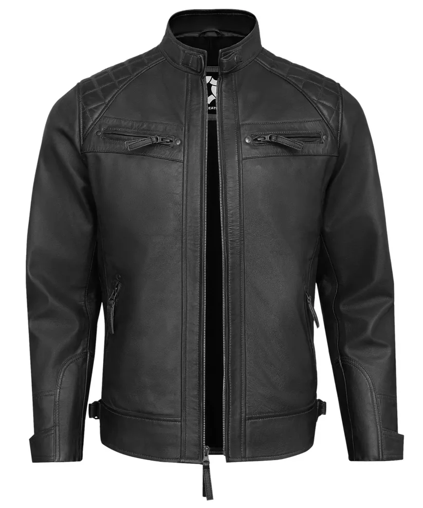 Men's Black Leather Biker Jacket with Quilted Shoulders.